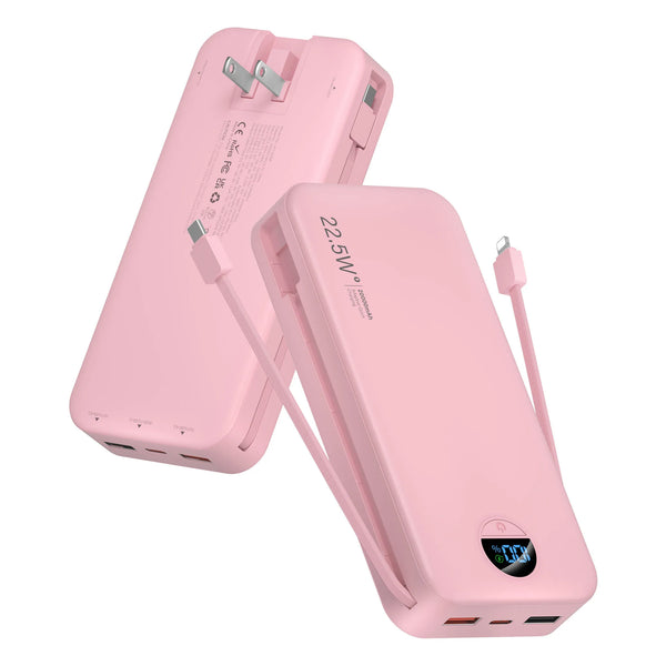 20000mAh Power Bank with Built-in AC Plug & Dual Cables, PD20W Fast Charging Type-C Port, Portable Charger for Travel, Camping