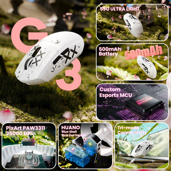 ATTACK SHARK G3 Wireless Gaming Mouse with Tri Mode Wired/2.4Ghz/BT,59g Ultra-Lightweight,25000 DPI,1000 Polling,PixArt PAW3311