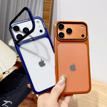 Plating Fold Glass Camera Stand Holder Phone Case For iPhone 17 17Pro 17Air 17 Pro Max Ultra Thin Transparent Shockproof Cover