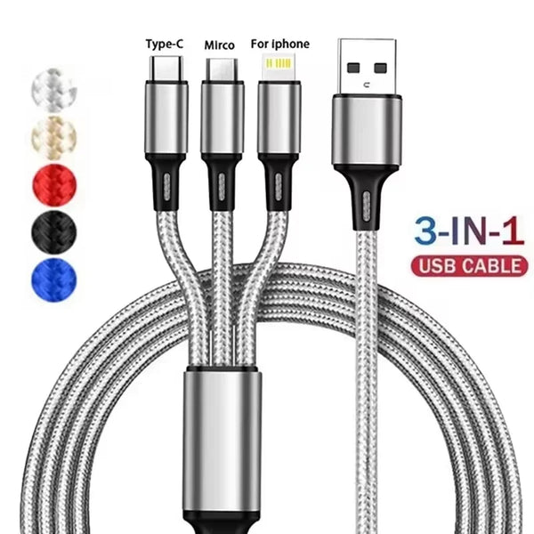 3 In 1 USB Charger Fast Charging Cable Type C Micro IOS Multi Charger Cable for iPhone Huawei Samsung Nylon Braided Cord