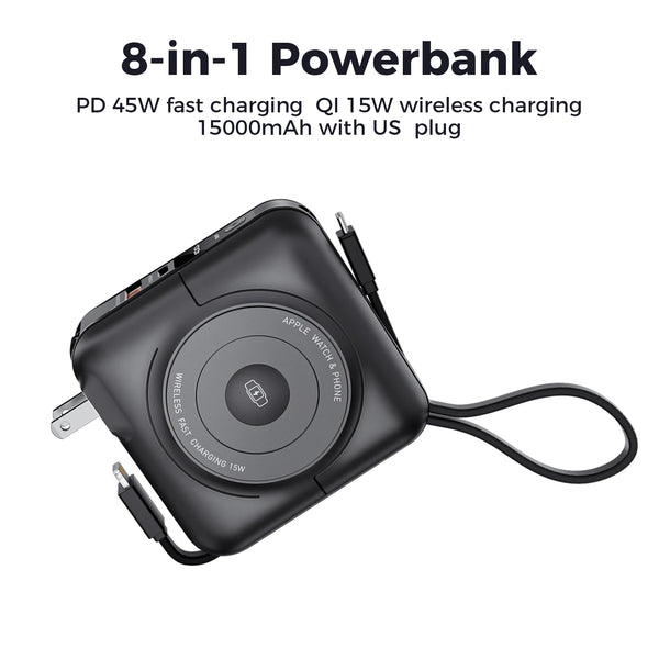 8-in-1 Magnetic Wireless Power Bank 15000mAh Type-C 45W Fast Charging With Dual Cables AC Plug for iPhone Android Airpods Watch