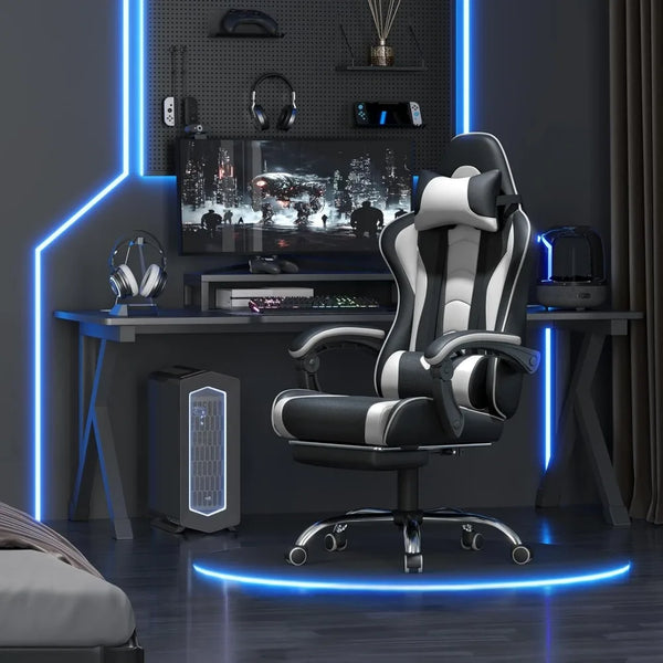 Ergonomic Gaming Chair with Massage Lumbar Support, Adjustable Footrest and Headrest for Comfortable Computer Use