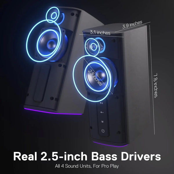 Redragon GS814 Stereo Desktop Speaker, 20W Output, 4 Real Units, BT 5.0/3.5mm AUX, Enhanced Bass, Touch-Control, Dynamic RGB