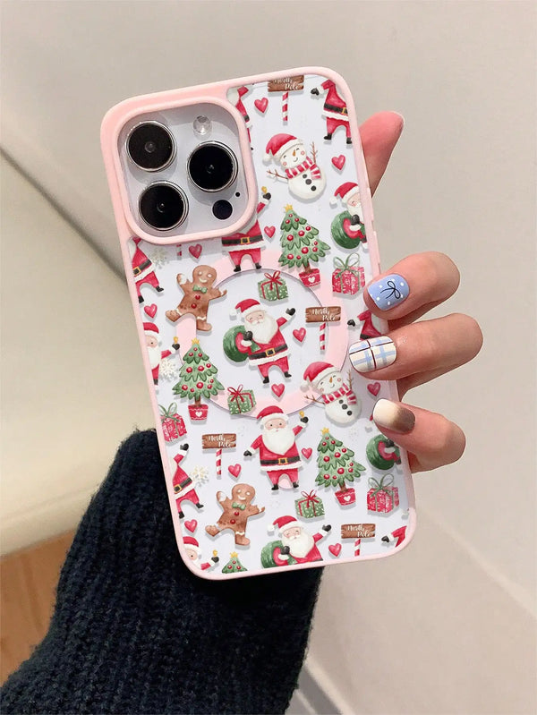 A simple and stylish beige case with Santa and Christmas tree motifs for iPhone 17 to 11 Pro Max