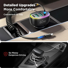60W Fast Charging Car Charger USB C Car Phone Charger Adapter, 4 Port Fast Charging, 5.3FT Charging Cable Multicolor Night Light