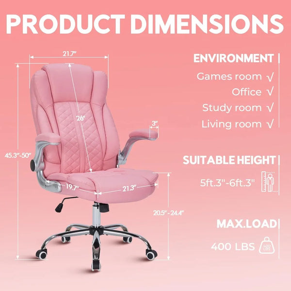 400lbs Executive Office Chair with Armrests,Big and Tall Computer Chair for Heavy People,Heavy Duty Ergonomic Comfy Chair (Pink)