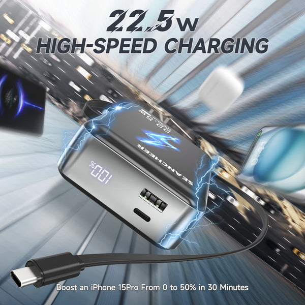 Mini Portable Charger,10000mAh Power Bank with 22.5w Fast Charging Retractable USB-C Cable,USB C in/Output  for iPhone 16/15