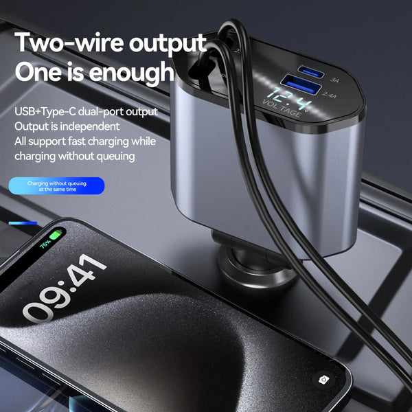 120W 4 in 1 Car Charger Retractable Car Cigarette Lighter Adapter USB Type C Fast Charger Cable For IPhone Xiaomi Huawei Samsung
